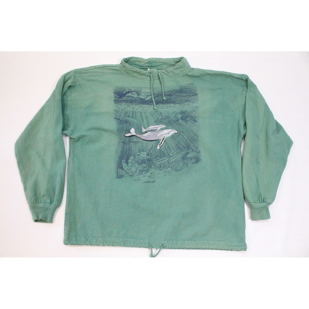 Vintage WEK Mens Green Whale Embroidered Graphic Sweatshirt Made in USA XL